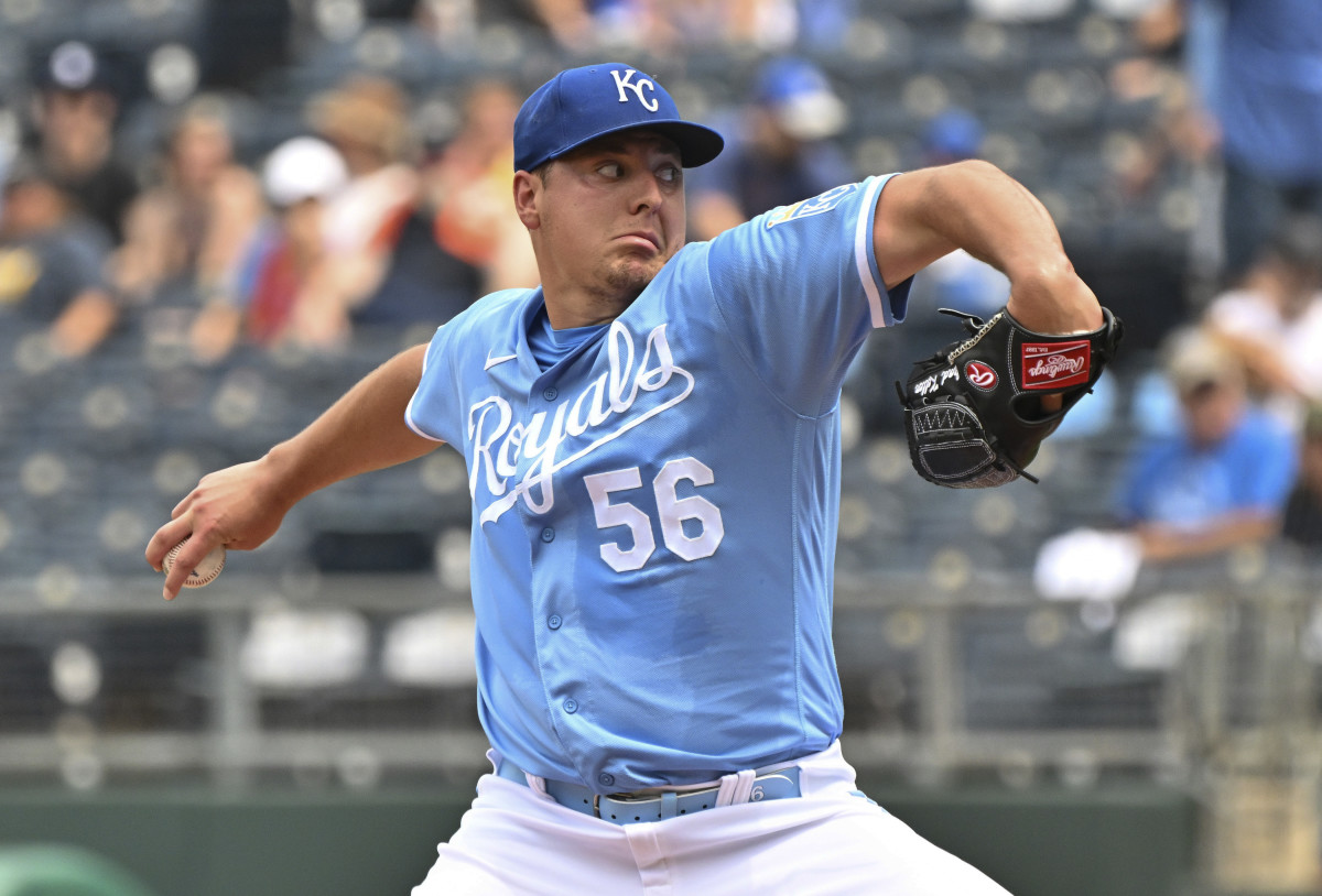 Jun 25, 2022; Kansas City, Missouri, USA; Kansas City Royals starting pitcher Brad Keller (56) delivers a pitch during the first inning against the Oakland Athletics at Kauffman Stadium. Mandatory Credit: Peter Aiken-USA TODAY Sports